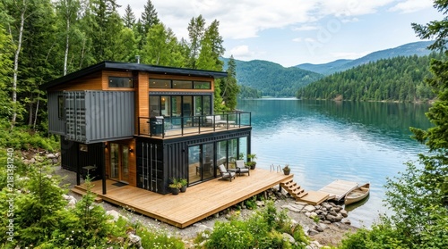 modern shipping container home by scenic lake and green forest