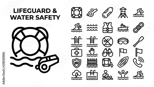 Bild auf Leinwand Lifeguard and Water Safety Icons: A collection of vector graphic icons representing lifeguard services and water safety, including a life preserver, whistle, rescue buoy, first aid kit