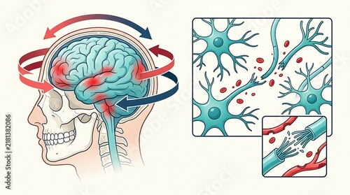 Illustration of human brain injury, depicting rotational forces causing damage to neurons and axons, medical concept.