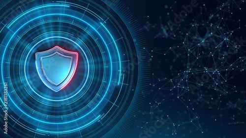 Neon security emblem glows digital dashboard, nodes spread across background. trust, threat prevention, cloud security, identity protection, compliance, encryption, cyber insurance, tech presentations
