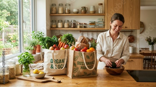 Smiling Woman Unpacking Fresh Organic Groceries from Reusable Shopping Bags in Modern Kitchen