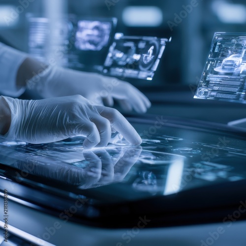 Medical professional analyzing digital data on futuristic transparent touchscreen interface with holographic displays in high-tech clinical environment