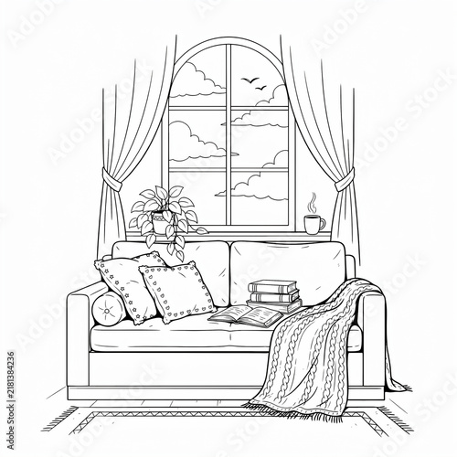 black and white line art of a hall with sofa window and curtain 