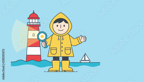 Cute little boy in a yellow raincoat and boots holding a magnifying glass in front of a colorful lighthouse.