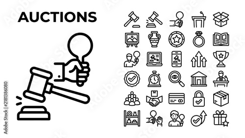 Foto Auction Icons Collection: A comprehensive set of flat design icons representing various aspects of auctions, including gavel, bidding, winning, and more