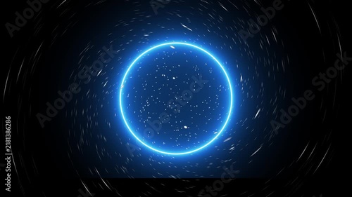 Abstract blue neon glowing circular ring with flying space stars warp speed motion background loop video