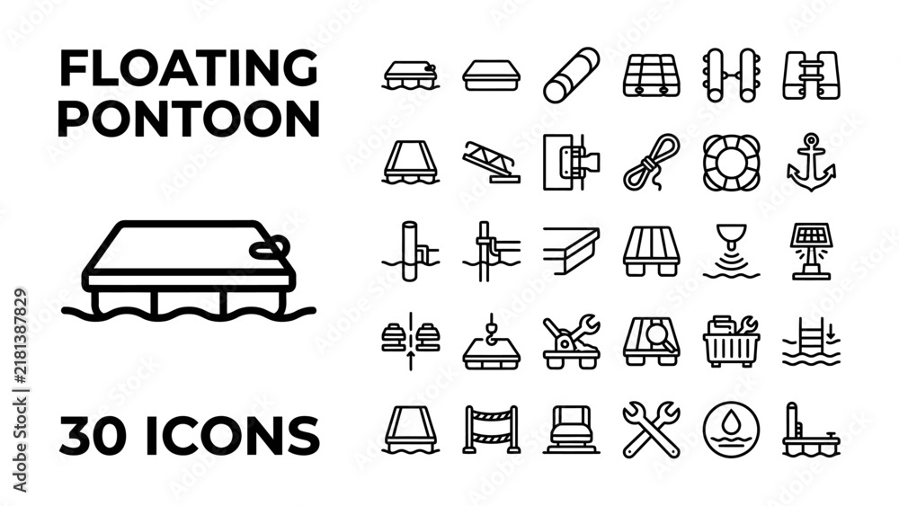 Obraz premium Floating Pontoon Icon Set: A comprehensive collection of 30 minimalist line icons depicting various aspects of floating pontoons and marine infrastructure.