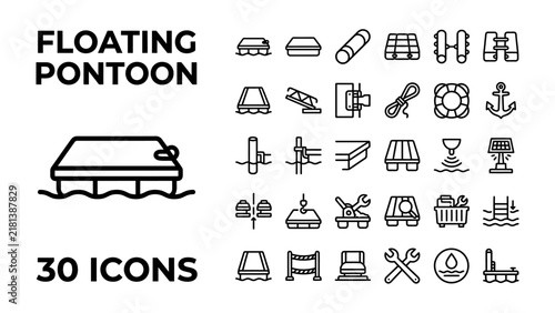 Bild auf Leinwand Floating Pontoon Icon Set: A comprehensive collection of 30 minimalist line icons depicting various aspects of floating pontoons and marine infrastructure