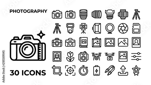 Photography Icons Set: A comprehensive collection of 30 clean and modern line art icons representing various aspects of photography, from cameras and lenses to tripods and editing tools.
