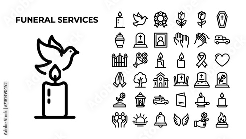 Foto Funeral Services Icons: A collection of simple, elegant line art icons representing funeral services, including a dove, candle, coffin, and cross, conveying themes of remembrance, grief