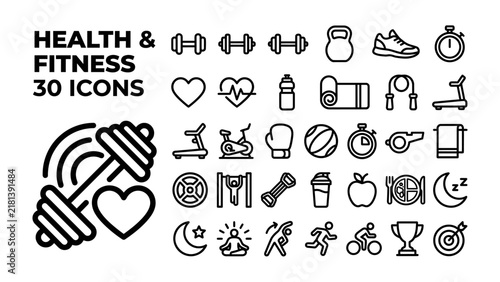 Health and Fitness Icons: A collection of line art icons representing various health and fitness elements, including weights, exercise equipment, heart rate, and active lifestyle symbols.