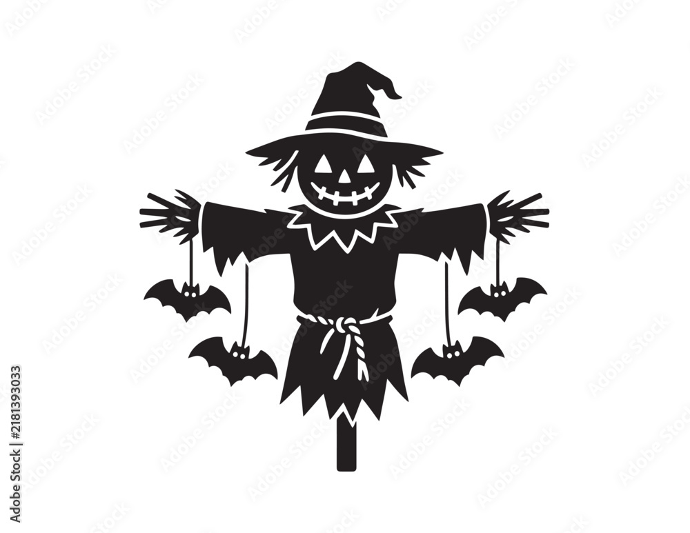 Fototapeta premium Scarecrow with a carved pumpkin head and hanging bat decorations for a halloween party theme