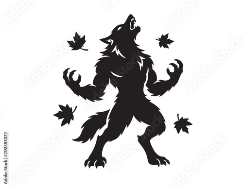 Fierce werewolf silhouette howling at the moon surrounded by falling autumn maple tree leaves
