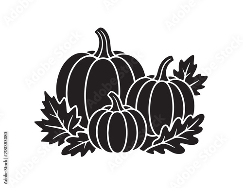 Set of three pumpkins with autumn leaves in a flat black vector silhouette style for Halloween