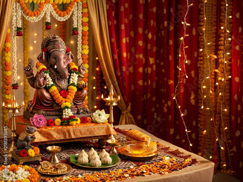 Lord Ganesha Idol Decorated for Diwali Puja With Lamps, Flower Garlands and Traditional Offerings