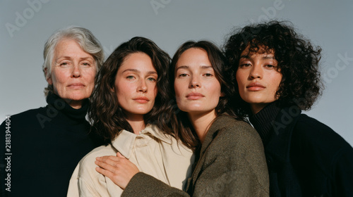 Supportive Women Together for Breast Cancer Awareness, Multi-Generational Portrait in Natural Light