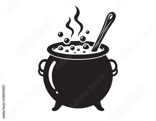Witch cauldron boiling with magic potion and wooden spoon silhouette for halloween design