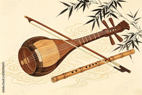 Pipa Flute Bow Bamboo Leaves Stylized Clouds Fine Line Art