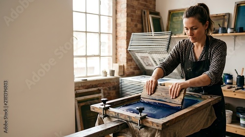 Woman artist working on screen printing in creative studio