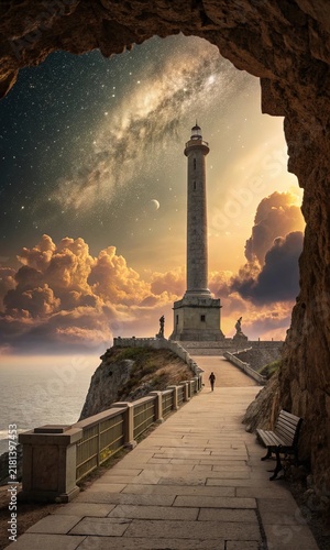 Lighthouse at sunset on a coast with tower architecture, ocean, clouds and golden light creating a picturesque surreal tourist landscape and landmark view