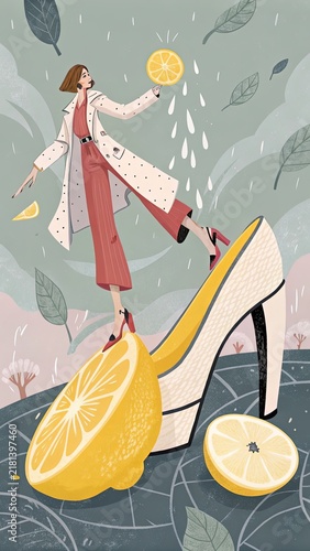 Elegant woman in vintage dress holding orange fruit in the rain, floral silhouette with music and summer party atmosphere, stylish fashion illustration in surreal style.