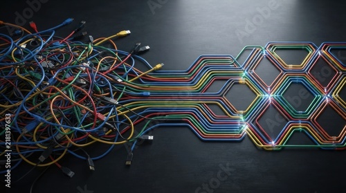 Obraz na płótnie Tangled Computer Cables Transforming Into Organized Colorful Network Connections and Geometric Digital Pattern