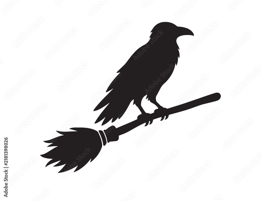 Fototapeta premium Black raven bird perched on a witch broomstick halloween vector silhouette design icon