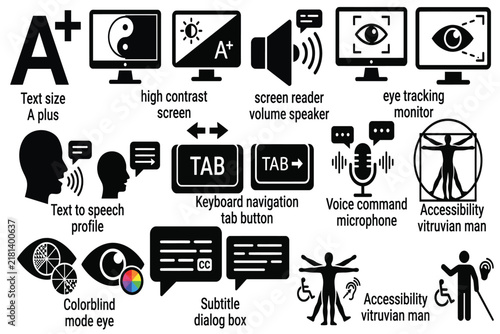 Set of digital accessibility and inclusive UI design vector icons isolated on white background
