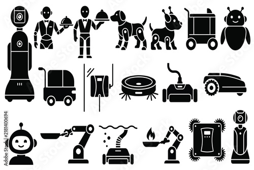 Set of domestic robot and automated home assistant vector icons isolated on white background