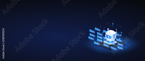 AI agentic automation isometric vector illustration. robot assistant dashboard automation system with coding and digital machine learning concept web banner.