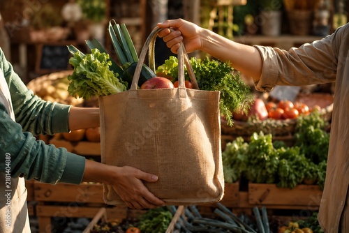 Hands exchanging a reusable grocery bag filled with fresh produce at an outdoor market stall.