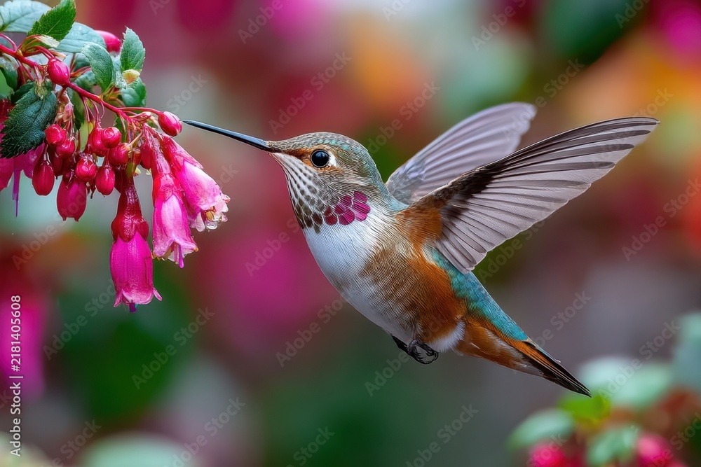 Fototapeta premium Hummingbird hovers near pink flowers