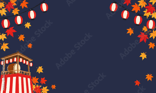 紅葉と提灯、やぐらを描いた夜の秋祭りフレーム背景イラスト
