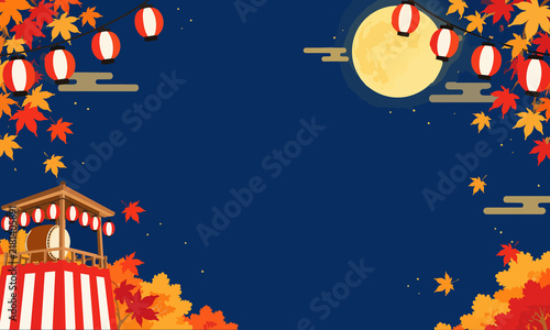 満月と紅葉、提灯、やぐらを描いた夜の秋祭り背景イラスト
