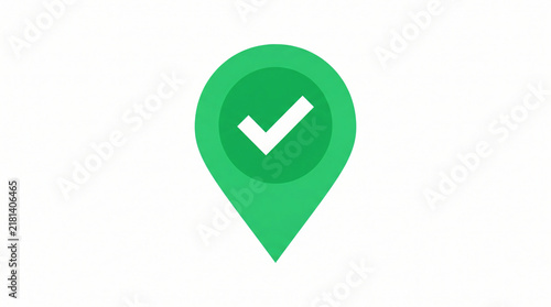 Location pin icon with checkmark. Green map marker symbol. Verified destination concept for apps and web