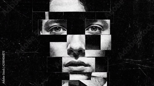 A fragmented monochrome portrait of a face, systematically divided into offset rectangular blocks with sharp geometric angles and deep black negative space, revealing psychological tension.