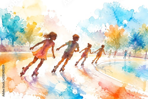 Roller skating at outdoor rink, watercolor illustration