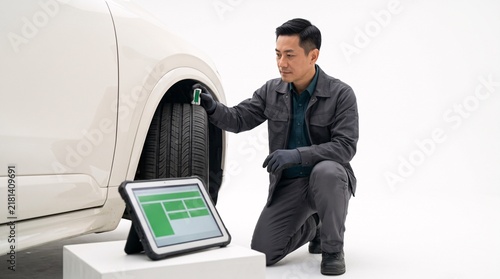 Automotive technician checking tire tread depth with digital tablet in studio