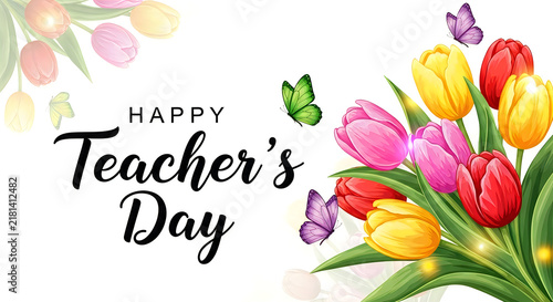 Happy Teachers Day floral arrangement with tulips butterflies and leaves vector illustration