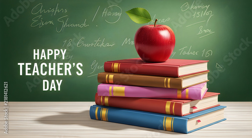 Red apple on stack of books with teachers day message on chalkboard background