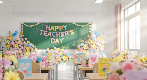 Happy teachers day classroom decoration with flowers and gifts on student desks