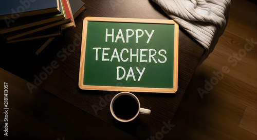 Happy Teachers Day message on a chalkboard with books coffee and a cozy sweater