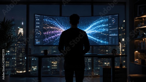 Software engineer stands in front of a wide curved screen analyzing complex digital data in a dark modern office at night.