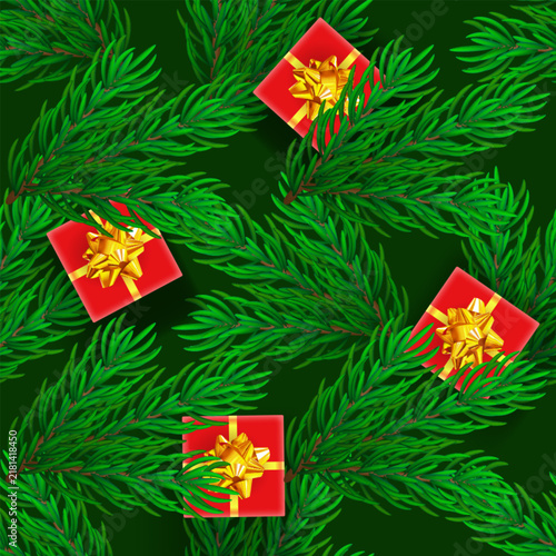 Christmas seamless pattern with realistic fir branches