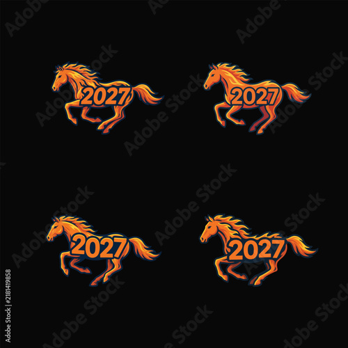 Dynamic running horse illustration featuring the year 2027 integrated into its design perfect for upcoming year themes