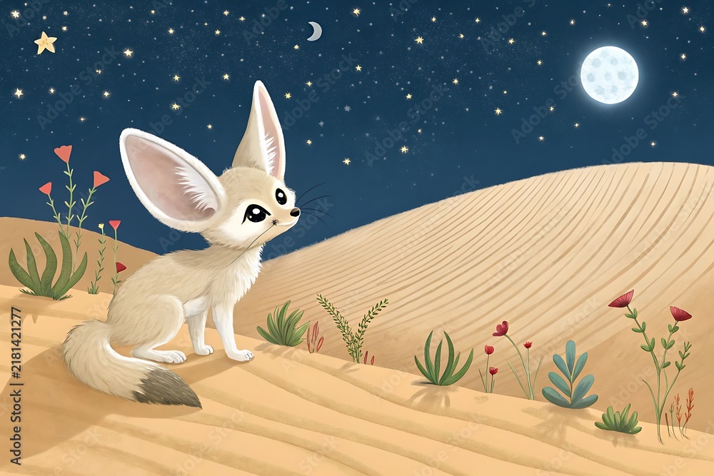 Obraz premium Cute fennec fox standing in a starry desert night