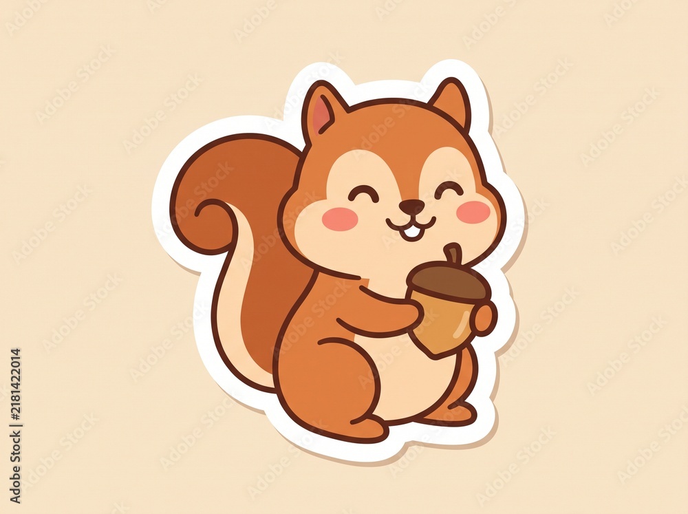 Obraz premium A cute kawaii cartoon squirrel holding an acorn with happy face on light beige background vector sticker illustration.
