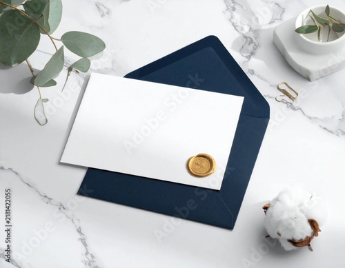 Blank white card with gold wax seal on navy envelope, eucalyptus and cotton decoration, elegant wedding invitation mockup