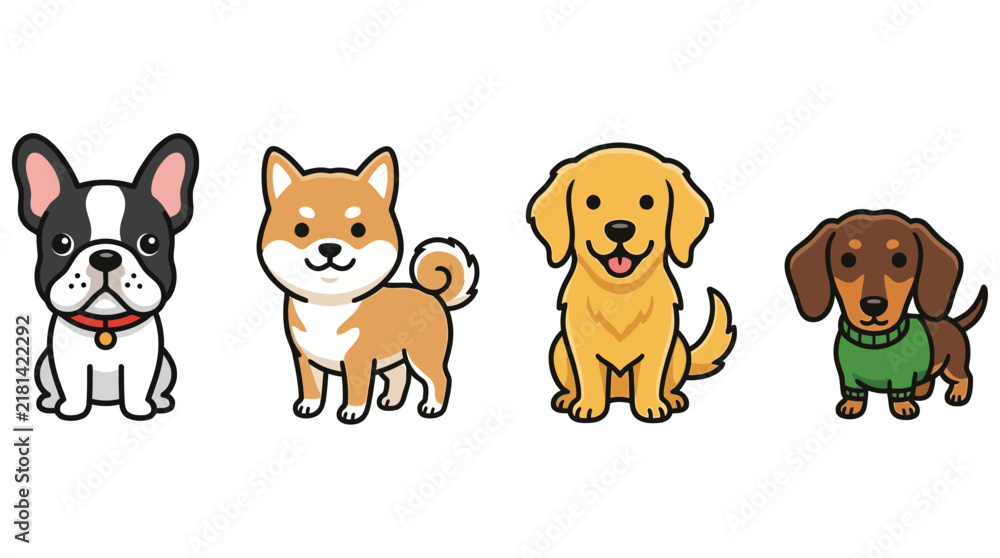 Fototapeta premium Cute dog breeds characters set including French Bulldog Shiba Inu Golden Retriever and Dachshund vector illustration