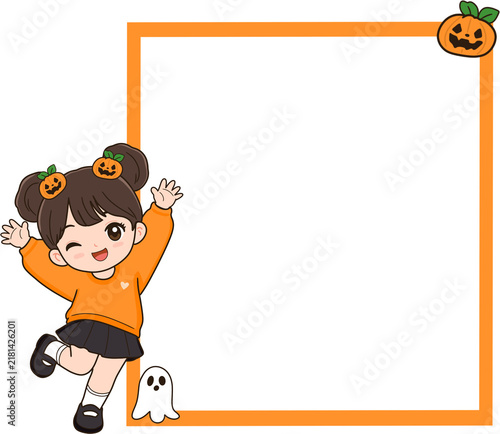 Canvas Print 호박과 마녀 및 유령 코스프레를 한 귀여운 어린이들과 할로윈 프레임 배경